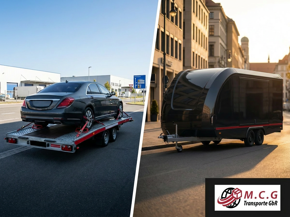 Offener vs geschlossener Autotransport Vergleich mit offenem Anhänger und geschlossenem Trailer